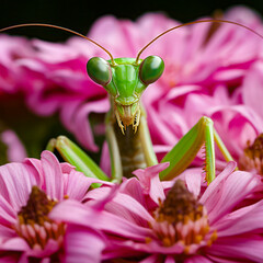 lifestyle photo praying mantis sitting on flower.
