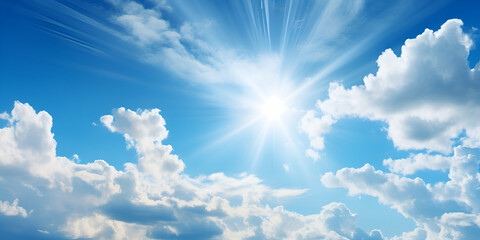 blue sky with clouds, Sun light on beautiful pure white clouds and bright blue sky, Sun in the blue sky with white clouds and rays of light, Blue sky with clouds and bright sunlight. Generative AI