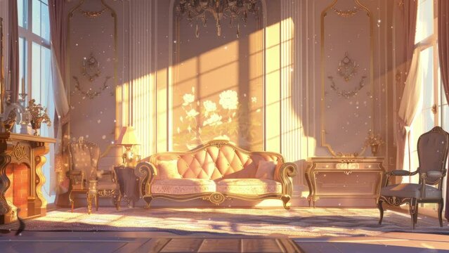 Luxury living room, animated virtual backgrounds, stream overlay loop, sofa cozy interior golden hour sundown, vtuber asset twitch zoom OBS screen, anime chill atmospheric. Lofi