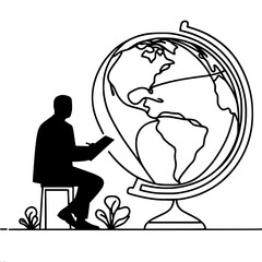 teacher sitting by a huge globe, one line vector drawing