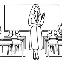 one teacher stands in a classroom between desks with students, one black vector line drawing on a white background
