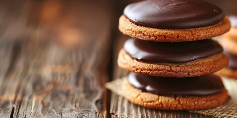 A stack of delicious chocolate covered cookies with dark chocolate filling resting on a wooden table