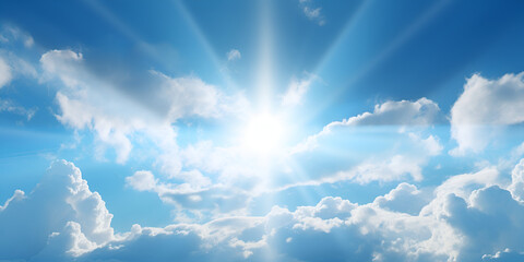 Naklejka na ściany i meble sun and clouds, The sun rays breaking through the clouds in a vibrant blue sky, Blue sky background with tiny clouds and sun rays, A blue sky white clouds on nature summer weather, Generative AI