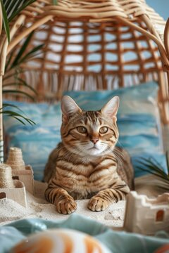 a Cat in a beach themed photo shoot with sandcastles, animal in summer fashion background