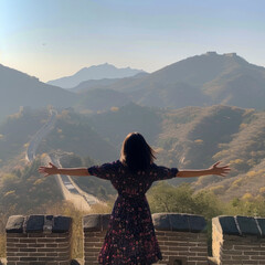 From behind, you can see the traveler girl arms spread wide as she take in the incredible view of the Great Wall in China.