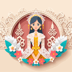 Flat Kartini Indonesian Woman Wearing Traditional Dress illustration in paper style, Happy Kartini Day
