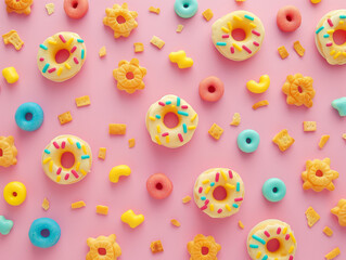 Doughnut, and cookie on pastel blue background. Food concept. Generative AI.