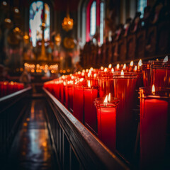 lifestyle photo rows of lit prayer candles in church.