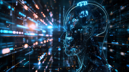 Face of artificial intelligence virtual assistant in the world of Ai or Futuristic, a humanoid cyber human with a neural network, machine learning and Technology background concept
