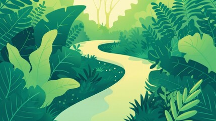 A painting depicting a lush jungle with a river cutting through the landscape. Flat style design.