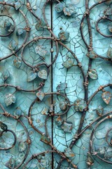 Fototapeta na wymiar Aquamarine hued vines with leaves of gemstones wind their way through wrought iron gates, metal detailed with patina that gives the scene an aged timeless look created with Generative AI Technology