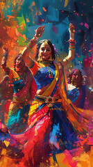 Artistic depiction of a dancing woman in a vibrant park and lively club scene, intertwined with religious symbols and cultural motifs from Asia, India