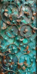 Aquamarine hued vines with leaves of gemstones wind their way through wrought iron gates, metal detailed with patina that gives the scene an aged timeless look created with Generative AI Technology