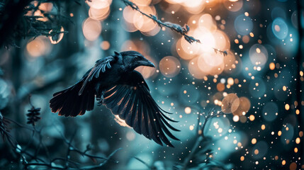 Crow flying in the night forest with bokeh background. - obrazy, fototapety, plakaty