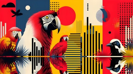 Abstract animal pattern design, geometric parrot in exotic tropical jungle, colorful vibrant illustration wallpaper digital art