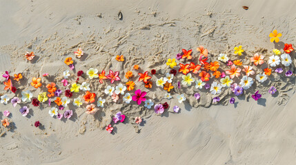 Fototapeta na wymiar Group of vibrant flowers lying on sandy beach, adding color to the shoreline. Background.