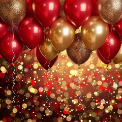 Luxurious red and gold balloons with glitter for festive occasions, parties, and celebration backgrounds