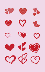 Set of red hearts in y2k style on blank background. Various different styles of cute heart symbols vector art for valentines day gift cards, stickers for romantic occasions or love letters