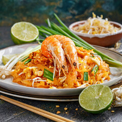 Pad thai or Thai fried noodles with shrimp, Thai street food dishes, Thai traditional food