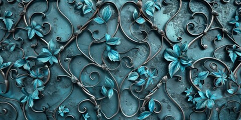 Aquamarine hued vines with leaves of gemstones wind their way through wrought iron gates, metal detailed with patina that gives the scene an aged timeless look created with Generative AI Technology - obrazy, fototapety, plakaty
