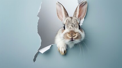 A cute bunny is peeking through a torn light blue paper, giving a cheeky yet adorable look