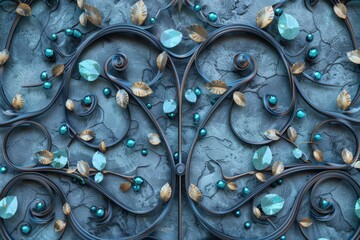 Aquamarine hued vines with leaves of gemstones wind their way through wrought iron gates, metal detailed with patina that gives the scene an aged timeless look created with Generative AI Technology