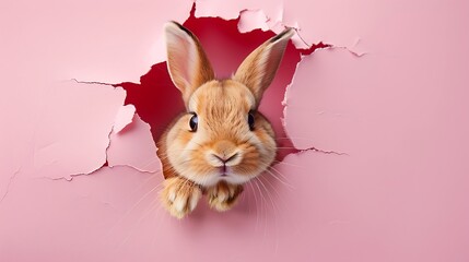 A cute bunny is peeking through a torn pink paper, giving a cheeky yet adorable look