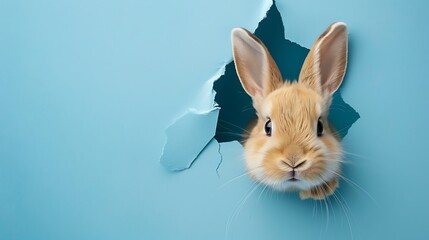 A cute bunny is peeking through a torn sky blue paper, giving a cheeky yet adorable look