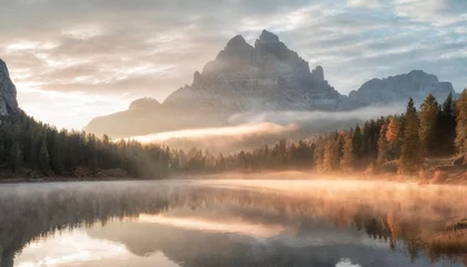 Zelfklevend Fotobehang wonderful federa lake natural scenery during sunrise awesome landscape foggy dolomites alps with forest under sunlight travel in nature beautiful sunrise with lake and majestic mountains © Lauren