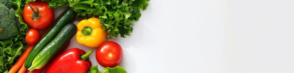 A variety of different types of vegetables scattered on a clean white surface. Banner. Copy space.
