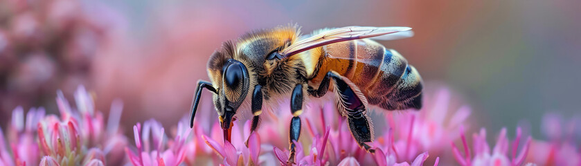Close-up beauty of a bee pollinating flowers. - obrazy, fototapety, plakaty