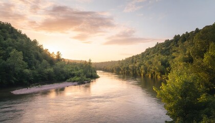 riverside serenity tranquil landscape nature unveils beauty majestic river flowing through lush forest embraced by warmth of setting sun