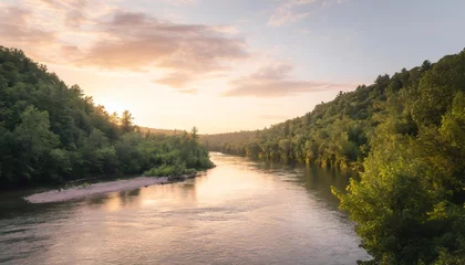 Papier Peint photo Rivière forestière riverside serenity tranquil landscape nature unveils beauty majestic river flowing through lush forest embraced by warmth of setting sun