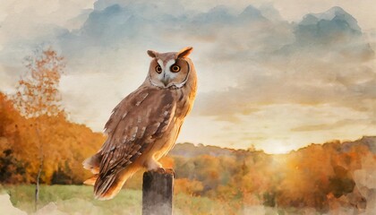 a minimal watercolor of an owl in an autumn setting - obrazy, fototapety, plakaty