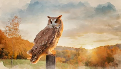 Zelfklevend Fotobehang a minimal watercolor of an owl in an autumn setting © Lauren