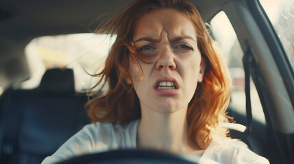 Irritated female driver expresses frustration, anger and dissatisfaction during traffic jam - obrazy, fototapety, plakaty
