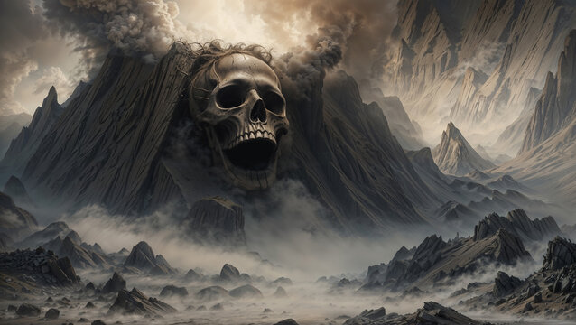 Giant skull of a dead titan on a volcanic mountain erupting, cursed land shrouded in misty decay with desolate rocky terrain - fantasy role playing landscape.