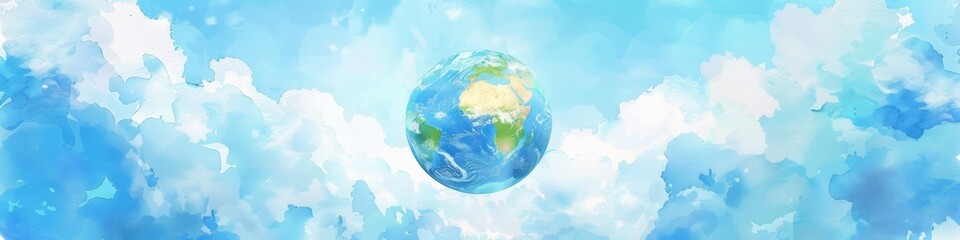 Relaxing watercolor painting depicting the Earth floating in the sky, surrounded by clouds. Banner. Copy space. Earth Day concept.