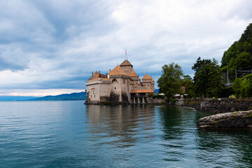 Famous castle Chateau de Chillon at lake Geneva near Montreux. Switzerland. Europe - obrazy, fototapety, plakaty