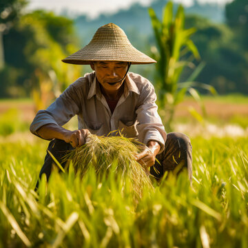 lifestyle photo man harvesting rice in asia.