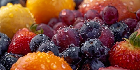 Close up of a bunch of fruit covered in water drops, showcasing the freshness and juiciness of the...