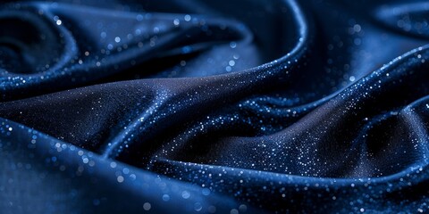 Detailed view of elegant dark blue satin fabric covered in water droplets