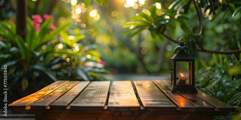 Poster a wooden table with a lantern placed on top, creating a warm and inviting atmosphere