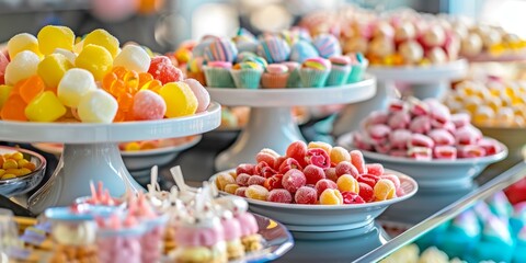 A table covered with a variety of colorful candies in different shapes and sizes, creating a vibrant and enticing display