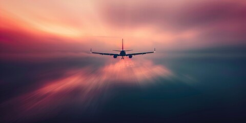 An airplane flies through the sky during sunset, with warm colors illuminating the scene