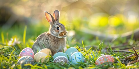 Fototapeta na wymiar A rabbit is sitting in the grass surrounded by eggs in a sunny outdoor setting