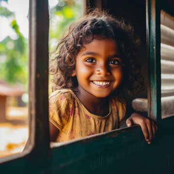 lifestyle photo sri lanka girl smiles from window.