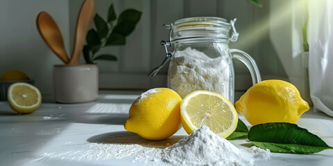 lemons and white powder on table, generative AI - obrazy, fototapety, plakaty