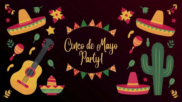 Cinco de Mayo Party! Animation video about cinco de mayo festival, cinco de mayo celebration mexican with cactus and garlands ,4k video animated