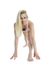 a young girl shows yoga asanas by lunging with her foot and leaning forward, isolated on transparent background, png